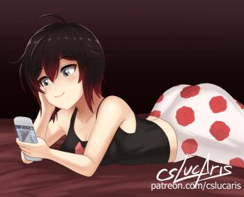 1girl artist_name ass bed black_hair black_shirt breasts cleavage cslucaris female_focus gradient_hair grey_eyes lying medium_breasts multicolored_hair on_stomach pajamas phone red_hair ruby_rose rwby shirt smile solo tank_top