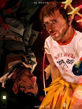 Rule 34 | 2boys, beard, beard stubble, black hair, blonde hair, casual, facial hair, glasses, highres, iron lung (movie), male focus, messy hair, multiple boys, paranormalbees, project hail mary, round eyewear, ryland grace, simon (iron lung), stubble