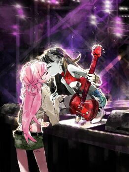 2girls adventure_time ax_bass bass_guitar bermooli black_hair closed_eyes colored_skin concert guitar highres instrument kiss long_hair marceline_abadeer multiple_girls pink_hair pink_skin pointy_ears princess_bonnibel_bubblegum stage stage_lights twitter_username vampire yuri