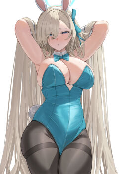 Rule 34 | 1girl, absurdres, animal ear hairband, animal ears, armpits, arms behind head, asuna (blue archive), asuna (bunny) (blue archive), black pantyhose, blonde hair, blue archive, blue bow, blue bowtie, blue eyes, blue halo, blue leotard, blush, bow, bowtie, breasts, cleavage, covered navel, detached collar, fake animal ears, fake tail, hair over one eye, hair ribbon, hairband, halo, highres, large breasts, leotard, long hair, looking at viewer, mole, mole on breast, pantyhose, playboy bunny, rabbit ear hairband, rabbit ears, rabbit tail, ref (pmxt4483), ribbon, solo, tail, thighband pantyhose, very long hair