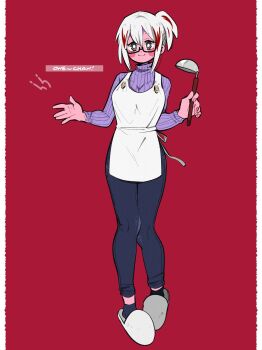 1girl anna_(aannnaa3) blush boku_no_hero_academia full_body glasses grey_eyes hair_between_eyes highres ladle medium_hair multicolored_hair non-web_source red_background red_hair slippers smile solo todoroki_fuyumi turtleneck two-tone_hair white_hair