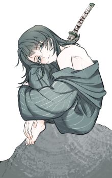 Rule 34 | 1girl, absurdres, bang dream!, bang dream! it's mygo!!!!!, barefoot, black hair, blue eyes, chinese commentary, commentary request, crying, crying with eyes open, hero45439083942, highres, looking at viewer, medium hair, off shoulder, sitting, solo, sword, tears, upper body, weapon, yahata umiri