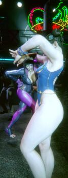 2girls 3d absurdres alternate_costume arms_up ass back bare_legs bare_shoulders blue_one-piece_swimsuit bracelet brown_hair capcom chun-li curvy double_bun grin hair_bun han_juri highleg highleg_one-piece_swimsuit highres jewelry looking_at_another multiple_girls official_alternate_costume one-piece_swimsuit outdoors parted_lips ryona shiny_skin skindentation smile standing street_fighter street_fighter_6 stretching swimsuit thighlet third-party_edit thong_one-piece_swimsuit wide_hips