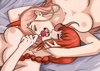 2girls artist_name bed bed_sheet blonde_hair braid braided_ponytail breasts breasts_out candy chainsaw_man demon_girl demon_horns food french_kiss hair_between_eyes hand_on_another's_cheek hand_on_another's_face horns kiss large_breasts licking lollipop long_hair long_hair_between_eyes makima_(chainsaw_man) medium_breasts medium_hair multiple_girls nipples nude open_mouth orange_hair power_(chainsaw_man) red_hair red_horns ringed_eyes saliva sharp_teeth simple_background teeth tongue tongue_out uncensored valk_yrian yellow_eyes yuri