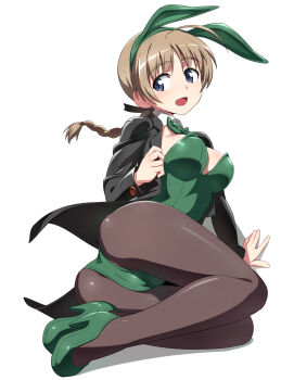 Rule 34 | 1girl, animal ear hairband, animal ears, black jacket, black pantyhose, blue eyes, bow, bowtie, braid, breasts, brown hair, coattails, commentary request, detached collar, fake animal ears, full body, green bow, green bowtie, green leotard, green shoes, hairband, high heels, highres, jacket, large breasts, leotard, long hair, lying, lynette bishop, nanashino, on side, pantyhose, playboy bunny, rabbit ears, rabbit tail, shoes, simple background, single braid, smile, solo, strapless, strapless leotard, strike witches, suit jacket, tail, tailcoat, white background, world witches series, wrist cuffs