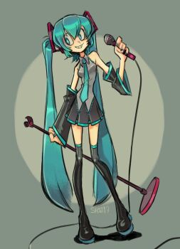 1girl aqua_eyes aqua_hair aqua_necktie aqua_trim artist_name bare_shoulders black_boots black_skirt boots commentary detached_sleeves double-parted_bangs grey_shirt grin hair_between_eyes hair_ornament hatsune_miku highres holding holding_microphone holding_microphone_stand microphone microphone_stand necktie sh1tty2 shirt skirt smile solo spanish_commentary teeth toon_(style) twintails vocaloid