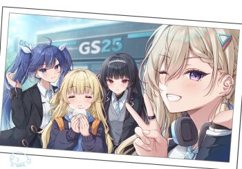Rule 34 | 4girls, ahoge, artist logo, black hair, black jacket, blonde hair, blue eyes, blue hair, blue necktie, blue scarf, blush, braid, braided bangs, breasts, chisa (wuthering waves), closed eyes, closed mouth, collared shirt, commentary request, earrings, eating, food, grey vest, grin, gs25, hair ornament, hair ribbon, headphones, headphones around neck, highres, holding, holding food, iuno (wuthering waves), jacket, jewelry, kiri celea, logo, looking at viewer, lynae (wuthering waves), medium breasts, multiple girls, necktie, official alternate costume, one eye closed, phoebe (wuthering waves), photo (object), purple eyes, red eyes, red ribbon, ribbon, scarf, shirt, smile, star (symbol), star earrings, twintails, v, vest, white shirt, wuthering waves