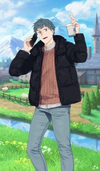 1boy animal aqua_hair architecture black_coat blue_pants blue_sky brown_eyes cable_knit cellphone cloud coat commentary cup day denim disposable_cup fate/grand_order fate_(series) feet_out_of_frame gotterdammerung_(fate/grand_order) grass hands_up holding holding_cup holding_phone ikezawa_shin jeans long_sleeves looking_at_viewer male_focus mountain official_art open_clothes open_coat open_mouth orange_sweater outdoors pants phone saitou_hajime_(dream_portrait)_(fate) saitou_hajime_(fate) sheep shirt short_hair sky smartphone smile solo standing sweater teeth third-party_source tree unbuttoned upper_teeth_only white_shirt