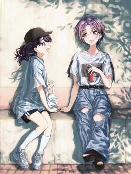 2girls aqua_hair asakura_toru bag baggy_pants baseball_cap belt black_hair black_shorts blue_pants can commentary_request fangs fukumaru_koito full_body gradient_hair grey_eyes hat highres holding holding_can idolmaster idolmaster_shiny_colors isoginn_chuck kneehighs long_hair looking_at_another multicolored_hair multiple_girls open_mouth outdoors pants plastic_bag platform_sandals purple_eyes sandals shirt shoes short_hair shorts sitting skin_fangs sleeveless sneakers socks t-shirt twintails white_shirt white_socks