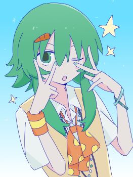 1girl ;o bead_necklace beads bow bowtie bracelet carrot_hair_ornament cellphone collared_shirt commentary double_v english_commentary flip_phone food-themed_hair_ornament green_eyes green_hair green_nails gumi hair_between_eyes hair_ornament heisei_retro highres i_can't_wait_(synthesizer_v) jewelry mizhou_(mzhu112646) necklace one_eye_closed open_mouth orange_bow orange_bowtie phone polka_dot polka_dot_bow school_uniform shirt short_hair_with_long_locks short_sleeves solo star_(symbol) tamagotchi tamagotchi_(classic) v vest vocaloid white_shirt wristband yellow_vest