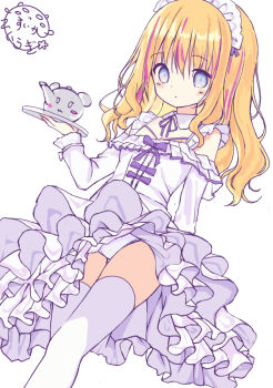 1girl artist_logo blue_eyes blush bow breasts check_commentary cleavage closed_mouth clothes_lift commentary_request cowboy_shot detached_collar dot_mouth dot_nose dress dress_lift dutch_angle frilled_dress frills hair_between_eyes holding holding_plate logo long_sleeves looking_at_viewer off-shoulder_dress off_shoulder original panties plate purple_bow purple_ribbon ribbon sidelocks signature simple_background small_breasts solo suika_hiragi teapot thighhighs underwear wavy_hair white_background white_dress white_headdress white_panties white_thighhighs