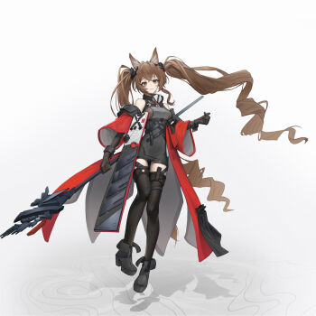 Rule 34 | 1girl, absurdres, angelina (arknights), animal ear fluff, animal ears, arknights, arknights: endfield, bare shoulders, belt, black boots, black gloves, black thighhighs, block heels, boots, bracelet, breasts, brown hair, coat, commentary, diamond-shaped pupils, diamond (shape), dot nose, dress, elbow gloves, elevation contour lines, film grain, finger heart, floating, fold-over boots, fox ears, fox girl, full body, gilberta (arknights), gloves, grey dress, grin, headpiece, high belt, high heel boots, high heels, highres, holding, holding staff, impossible clothes, impossible dress, infection monitor (arknights), jewelry, long hair, long sleeves, looking at viewer, medium breasts, off shoulder, open clothes, open coat, orange eyes, red coat, shadow, short dress, simple background, smile, smiley (22412smiley), solo, staff, symbol-shaped pupils, thighhighs, twintails, two-sided coat, two-sided fabric, very long hair, white background, white coat, wide sleeves, zettai ryouiki