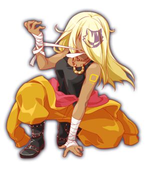 1girl achilles_(crash_fever) anime_coloring ankle_boots artist_request bandaged_arm bandaged_hand bandages bare_shoulders black_boots black_tank_top blonde_hair boots breasts covered_eyes crash_fever dark-skinned_female dark_skin full_body game_cg gold_necklace hair_over_eyes hand_on_ground horseshoe horseshoe_necklace jewelry jumpsuit jumpsuit_partially_removed leather leather_boots long_hair medium_breasts mouth_hold multicolored_hair necklace number_tattoo numbered official_art on_one_knee outline red_outline serious shoulder_tattoo simple_background solo square square_tattoo straight_hair streaked_hair tachi-e tank_top tattoo third-party_source transparent_background two-tone_hair yellow_jumpsuit yellow_theme