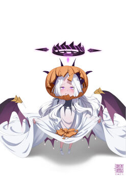 1girl absurdres blue_archive blush breasts demon_girl demon_horns demon_wings feilingdong highres hina_(blue_archive) hina_(dress)_(blue_archive) horns long_hair low_wings pumpkin purple_eyes simple_background small_breasts standing tachi-e very_long_hair white_background white_hair wings