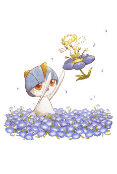 Rule 34 | :d, alternate color, arms up, blue flower, commentary request, eye contact, falling petals, flabebe, flower, gen 3 pokemon, gen 6 pokemon, highres, holding, holding flower, looking at another, mozuku 1313, nintendo, no humans, open mouth, orange eyes, petals, pokemon, pokemon (creature), pokemon focus, ralts, shiny pokemon, smile, white background