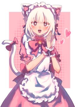 1234567_(xhs_26269806744) 1boy :d absurdres animal_ears april_fools_2025_cat_ear_maid_outfit_(saihate_eki) apron blush border bow bowtie cat_boy cat_ears cat_tail cowboy_shot crossdressing crossdressing_(mtf) dress frilled_apron frills hands_up heart highres looking_at_viewer maid maid_apron male_maid open_mouth outside_border own_hands_together palms_together pink_background pink_bow pink_bowtie pink_dress saihate_eki short_sleeves smile solo standing tail tail_bow tail_ornament tatsunami_shion white_apron white_border