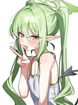 1girl absurdres bare_shoulders blue_archive blush breasts camisole commentary_request demon_tail earrings green_hair halo highres jewelry long_hair looking_at_viewer nozomi_(blue_archive) open_mouth pointy_ears sak_(lemondisk) small_breasts solo tail twintails white_camisole yellow_eyes