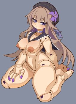 1girl absurdres beret black_hat black_sailor_collar breasts brown_hair choker closed_mouth collarbone commentary doll_joints english_commentary fingernails flower full_body grey_background hair_flower hair_ornament hat herta_(honkai:_star_rail) herta_(puppet)_(honkai:_star_rail) highres honkai:_star_rail honkai_(series) joints long_hair looking_at_viewer medium_breasts nezo nipples no_pussy nude purple_choker purple_eyes purple_flower sailor_collar simple_background sitting solo wariza