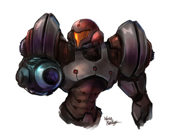 1girl arm_cannon armor artist_name assault_visor commentary_request dark_suit_(metroid) full_armor metroid metroid_prime_2:_echoes nintendo orange_visor power_armor power_suit_(metroid) samus_aran signature simple_background wakaba_(wata_ridley) weapon white_background