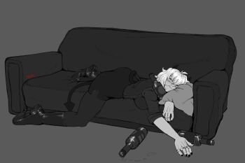 Rule 34 | 1girl, boots, bottle, closed eyes, couch, demon, demon girl, demon horns, demon tail, drunk, grey background, greyscale, helltaker, highres, horns, malina (helltaker), monochrome, on couch, skirt, sleeping, tail, thighhighs, vosmon, white hair