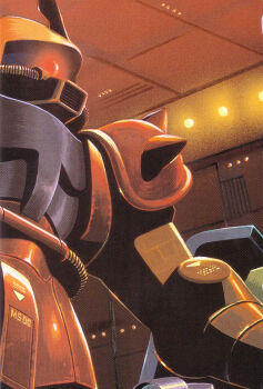 Rule 34 | 1970s (style), 1980s (style), absurdres, army, cable, character request, glowing, glowing eye, gundam, hangar, highres, magazine scan, mecha, mecha focus, mobile suit, mobile suit gundam, no humans, official art, oldschool, ookawara kunio, painting (medium), production art, promotional art, realistic, red eyes, retro artstyle, robot, scan, scene reference, science fiction, shield, shoulder spikes, spacecraft interior, spikes, traditional media, zaku ii, zaku ii s char custom, zeon