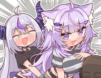 2girls ahoge animal_ear_fluff animal_ears blush blush_stickers cat_ears cat_girl chibi demon_girl demon_horns grey_hair highres hololive horns kukie-nyan la+_darknesss long_hair looking_at_viewer multicolored_hair multiple_girls nekomata_okayu pointy_ears purple_eyes purple_hair streaked_hair striped_clothes striped_horns tail virtual_youtuber yellow_eyes