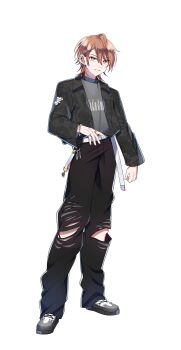 Rule 34 | 1boy, absurdres, artist request, belt, black pants, brown hair, colorful peach, full body, grey shirt, highres, long sleeves, looking at viewer, male focus, official art, orange eyes, pants, shirt, shoes, short hair, simple background, smile, solo, standing, torn clothes, torn pants, transparent background, uri (colorful peach), white belt