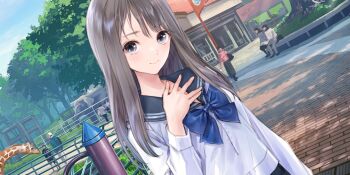 1other 2girls 5boys animal bench blue_bow blue_eyes blue_reflection_(series) blue_reflection_sun blue_sailor_collar blue_sky bow brick_road brown_hair building closed_mouth day dutch_angle elephant game_cg giraffe hand_on_own_chest highres kasuga_shiho kishida_mel long_hair long_sleeves looking_at_viewer multiple_boys multiple_girls non-web_source official_art outdoors railing sailor_collar school_uniform serafuku shirt sky smile solo_focus straight_hair tree white_shirt zoo