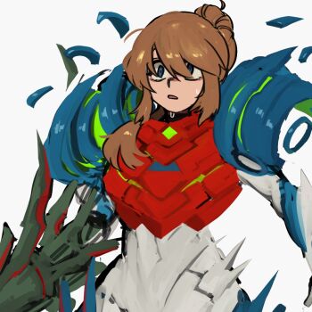 1girl arm_cannon armor battle_damage blue_eyes brown_hair commentary debris english_commentary hair_between_eyes long_hair looking_ahead mano_(manobece) metroid metroid_dread nintendo normal_suit_(metroid) parted_lips power_armor power_suit_(metroid) samus_aran simple_background solo upper_body weapon white_background