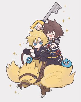 2boys armor bird black_cape black_gloves black_sleeves blonde_hair blue_eyes brown_hair cape chain chain_necklace chibi chibi_only chocobo closed_eyes closed_mouth cloud_strife fenrir_(final_fantasy) fingerless_gloves gloves grey_background hair_between_eyes hand_on_another's_shoulder haru_sorara highres holding holding_reins holding_weapon jewelry keyblade kingdom_hearts kingdom_hearts_ii male_focus multiple_boys necklace open_mouth pauldrons reins riding riding_bird short_hair shoulder_armor single_pauldron single_sleeve slime_(dragon_quest) smile sora_(kingdom_hearts) sparkle waist_cape weapon