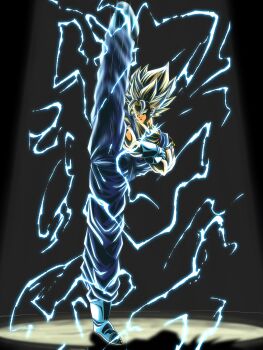 Rule 34 | 1boy, absurdres, black background, blonde hair, blue pants, blue shirt, boots, commentary request, crossed arms, dougi, dragon ball, dragonball z, earrings, electricity, full body, gloves, high kick, highres, jewelry, kicking, male focus, muscular, muscular male, orange shirt, pants, potara earrings, sai t d, shirt, simple background, smirk, solo, spiked hair, split, standing, standing on one leg, standing split, super saiyan, super saiyan 1, white boots, white gloves