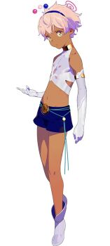 1boy bare_shoulders blue_shorts boots chart commentary crop_top dark-skinned_male dark_skin elbow_gloves english_commentary full_body genderswap genderswap_(ftm) gloves hair_ornament hairband halter_shirt halterneck hololive hololive_english limiter_(tsukumo_sana) looking_at_viewer male_focus midriff navel pako_(pakosun) planet_hair_ornament shirt short_hair shorts simple_background skin_tight solo tsukumo_san tsukumo_sana virtual_youtuber white_background white_boots white_gloves white_hair white_shirt yellow_eyes