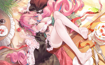 1girl absurdly_long_hair absurdres apple apron arknights arknights:_endfield armpits arms_up artist_name bare_shoulders black_sleeves blue_eyes blue_hair blunt_bangs bra breasts cake cherry choker cleavage cleavage_cutout clothing_cutout coffee collar commentary_request cup day detached_sleeves drill drill_hair feet_on_table floating_ribbon floor food frilled_apron frilled_bra frilled_bracelet frilled_choker frilled_collar frilled_skirt frilled_sleeves frills from_above fruit full_body hair_intakes hands_up high_up highres horns indoors knife large_breasts leaf long_hair lying maid maid_apron maid_headdress multicolored_hair no_shoes nude on_back on_floor open_mouth pantyhose pastry_box picture_frame pink_hair plant plate qingxi_emoji ribbon shadow signature skirt sleeve_bow soles solo spork strapless streaked_hair sunlight table tablecloth twin_drills twintails underwear very_long_hair white_pantyhose yvonne_(arknights)