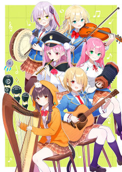 6+girls :d absurdres accordion aikawa_megumi asakura_karen_(heaven_burns_red) black_socks blonde_hair blue_eyes blue_jacket blunt_bangs border bow bow_(music) bowtie braid brown_skirt cat_tail closed_mouth clothes_around_waist collared_shirt commentary_request double_bun drum drumsticks flute foot_out_of_frame full_body glasses green_background green_eyes grin guitar hair_bobbles hair_bun hair_ornament hair_over_one_eye hairclip half_up_braid harp heaven_burns_red highres holding holding_bow_(music) holding_drumsticks holding_flute holding_instrument holding_violin instrument izumi_yuki_(heaven_burns_red) jacket kayamori_ruka kneehighs kunimi_tama long_hair low_twintails miniskirt multiple_girls music musical_note neck_ribbon necktie one_eye_covered open_clothes open_jacket open_mouth outline outside_border parallel_hairclips pink_eyes pink_hair plaid_clothes plaid_skirt playing_flute playing_guitar playing_instrument pleated_skirt red_bow red_bowtie red_eyes red_necktie red_ribbon ribbon rinki_oohen shirt short_hair simple_background sitting skirt smile socks sparkle split_mouth standing tail team_31a_(heaven_burns_red) textless_version toujou_tsukasa twintails two_side_up violin white_border white_outline white_shirt