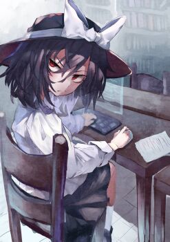 1girl absurdres alternate_eye_color black_hair black_hat black_shoes black_skirt blush book bookshelf bow chair closed_mouth collared_shirt computer computer_keyboard computer_mouse hair_between_eyes hat hat_bow highres holographic_interface holographic_monitor long_sleeves looking_at_viewer medium_hair muraryo paper red_eyes shirt shoes sitting skirt sleeve_cuffs socks solo table touhou usami_renko white_bow white_shirt white_socks