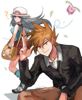 1boy 1girl blue_oak blue_shirt brown_eyes brown_hair brown_pants convenient_censoring convenient_hand from_behind gen_2_pokemon hat highres hoppip jewelry kash-phia leaf leaf_(pokemon) long_hair looking_at_viewer nintendo pants pendant pokemon pokemon_(creature) pokemon_frlg pokemon_hgss red_skirt shirt short_hair simple_background skirt squatting standing white_background white_hat