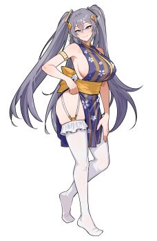 Rule 34 | 1girl, absurdres, alternate costume, armband, armpits, azur lane, bare shoulders, blue eyes, bow, breasts, commission, commissioner upload, dress, floral print, grey hair, hair between eyes, hair ornament, highres, intrepid (azur lane), large breasts, long hair, looking at viewer, nokaa aru, non-web source, sideboob, sidelocks, sleeveless, smile, thighhighs, thighs, two side up, waist bow, white background