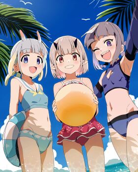 3girls absurdres arm_up armpits ball beach beachball blue_eyes blue_sky blush braid breasts cleavage cleavage_cutout clothing_cutout cloud coconut_tree commentary_request demon_horns fang grey_hair hair_between_eyes highres holding holding_ball horns jiangshi kosuda looking_at_viewer multiple_girls navel ocean one-piece_swimsuit one_eye_closed original palm_tree pointy_ears purple_eyes sharp_teeth short_hair sky small_breasts smile standing swimsuit teeth thick_eyebrows tree upper_teeth_only