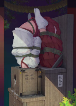 1girl after_fellatio bdsm bondage bound box contortion cum female_focus flexible hakama highres ikelag in_box in_container japanese_clothes kosode midriff_peek miko original public_use red_hakama restrained shibari shrine solo tabi tally