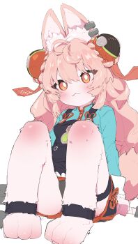 1girl absurdres animal_ear_fluff animal_ears black_panties blush body_fur bright_pupils closed_mouth commentary emanonta full_body furry furry_female highres knees_up long_hair long_sleeves panties pink_hair rabbit_ears rabbit_girl red_eyes simple_background sitting solo underwear white_background white_pupils zenless_zone_zero zhao_(zenless_zone_zero)