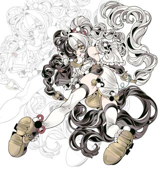 1girl ahoge bare_shoulders black_hair braid braided_twintails china_dress chinese_clothes commentary corded_phone dialyn_(zenless_zone_zero) double_bun dress from_behind full_body hair_bun hair_extensions hair_intakes hair_ornament hairclip highres holding holding_phone legs_apart long_hair looking_at_viewer looking_back multicolored_hair necktie panda_hair_ornament phone red_nails ring_hair_extensions simple_background sleeveless sleeveless_dress solo split-color_hair symbol-only_commentary thighhighs tongue tongue_out very_long_hair white_background white_dress white_hair white_thighhighs wire xjgfhvg yellow_eyes yellow_necktie zenless_zone_zero zoom_layer