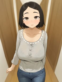 1girl bad_tag black_hair blush bra_visible_through_clothes breasts brown_eyes collarbone cowboy_shot denim grey_shirt hair_ornament hairclip indoors jeans kono_(yuri_kotone_ero) large_breasts long_sleeves looking_at_viewer pants parted_bangs parted_lips shirt short_hair smile solo standing takenoko_no_you