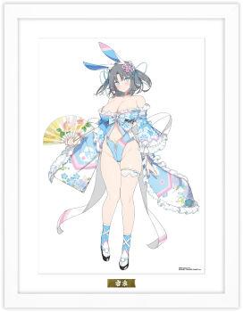 1girl absurdres animal_ears bare_shoulders blue_bow blue_eyes blue_flower blue_leotard blue_ribbon blush bow breasts cleavage clothing_cutout collarbone copyright_name floral_print floral_print_kimono floral_print_paper_fan flower folding_fan frilled_kimono frilled_thigh_strap frills full_body grey_hair groin hair_ornament hair_ribbon hand_fan highres holding holding_fan japanese_clothes kimono large_breasts leotard looking_at_viewer low_neckline marvelous navel navel_cutout no_bra official_alternate_costume official_alternate_hairstyle official_art okobo paper_fan platform_sandals polka_dot polka_dot_bow pom_pom_(clothes) print_kimono rabbit_ears rabbit_girl revealing_clothes ribbon sandals senran_kagura senran_kagura_new_link senran_kagura_shinovi_versus shiny_skin short_hair smile solo standing tabi thigh_bow thigh_gap thigh_strap translation_request white_bridal_garter white_flower wide_sleeves yaegashi_nan yumi_(senran_kagura)