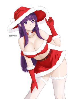 1girl absurdres belt breasts choker christmas cleavage collarbone fern_(sousou_no_frieren) fur-trimmed_headwear fur_trim gloves hand_on_headwear hand_on_own_leg hat highres large_breasts looking_at_viewer miniskirt pom_pom_(clothes) purple_eyes purple_hair red_choker red_gloves red_skirt santa_costume santa_hat sephtis simple_background skirt solo sousou_no_frieren straight_hair thighhighs thighs white_background white_thighhighs witch_hat zettai_ryouiki