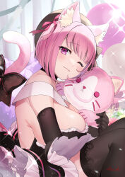 Rule 34 | 1girl, ;), absurdres, animal ears, balloon, beret, black beret, black choker, black dress, black gloves, black hat, black thighhighs, blush, bob cut, bow, breasts, cat ears, cat girl, cat tail, choker, closed mouth, commentary, dress, elbow gloves, gloves, hat, highres, huge breasts, hugging doll, hugging object, indie virtual youtuber, lace, lace-trimmed thighhighs, looking at viewer, official alternate costume, official alternate hair length, official alternate hairstyle, one eye closed, pink hair, shima koume, short dress, short hair, sideboob, smile, solo, strapless, strapless dress, stuffed animal, stuffed cat, stuffed toy, tail, tail bow, tail ornament, tenshouin himeno, thighhighs