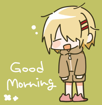 1girl :d =_= alternate_costume animal_slippers blonde_hair blush_stickers brown_hoodie casual cat_slippers chibi chibi_only closed_mouth commentary_request english_text full_body hair_ornament hair_over_one_eye hairclip heaven_burns_red highres hood hood_down hoodie kayamori_ruka long_bangs long_sleeves one_eye_covered open_mouth parallel_hairclips short_hair sleepy slippers smile solo squeans standing xdjf63qbpt0iqmj zipper