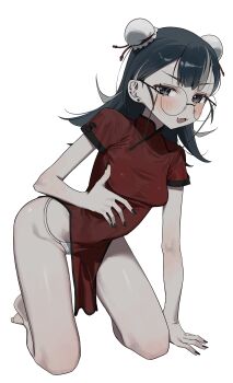 Rule 34 | 1girl, absurdres, arm support, barefoot, black hair, black nails, blush, breasts, bun cover, china dress, chinese clothes, commentary, double-parted bangs, double bun, dress, fangs, fingernails, full body, glasses, hair bun, hand on own chest, hand up, highres, kneeling, leaning forward, long hair, looking at viewer, nail polish, open mouth, original, panties, red dress, round eyewear, short sleeves, side slit, simple background, small breasts, smile, solo, string panties, syhan, underwear, v-shaped eyebrows, white background, white panties