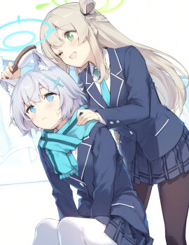 2girls aged_down animal_ears black_pantyhose blue_archive blue_eyes blue_necktie brown_hair brushing_hair commentary_request cross_hair_ornament green_eyes grey_hair hair_brush hair_ornament halo highres holding holding_hair_brush jacket long_hair long_sleeves mismatched_pupils miya_kazutomo multiple_girls necktie nonomi_(blue_archive) one_eye_closed pantyhose scarf school_uniform shiroko_(blue_archive) shiroko_(young)_(blue_archive) short_hair simple_background sitting skirt standing sweat white_background white_pantyhose wolf_ears wolf_girl