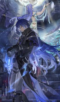 1boy 1girl absurdres antenna_hair antler_ornament antlers aqua_nails armlet arms_up black_boots black_coat black_gloves blue_dress blue_eyes boots candle cloud cloudy_sky coat collared_coat dress expressionless flins_(genshin_impact) floating_hair from_side genshin_impact gloves grey_pants hair_between_eyes hataya highres holding holding_lantern horns jewelry lantern lauma_(genshin_impact) light_rays lighthouse long_hair looking_down looking_up nail_polish pants pointy_ears purple_hair railing sky stairs tailcoat tombstone water yellow_eyes