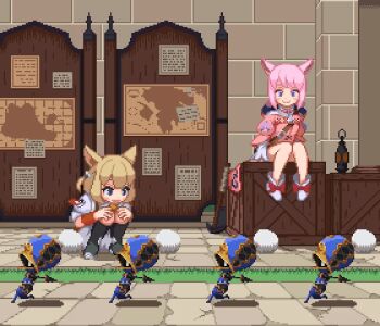10s 2girls animal_ears animated animated_gif artist_request blue_eyes blush brown_hair child crate final_fantasy final_fantasy_xiv khloe_aliapoh lantern map multiple_girls pickaxe pink_hair pixel_art t'kebbe
